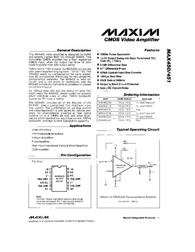 Maxim MAX450/451 CMOS Video Amplifier Datasheet - cover page