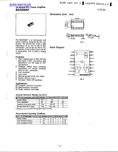 ROHM BA5208AF BTL Power Amplifier Datasheet - cover page