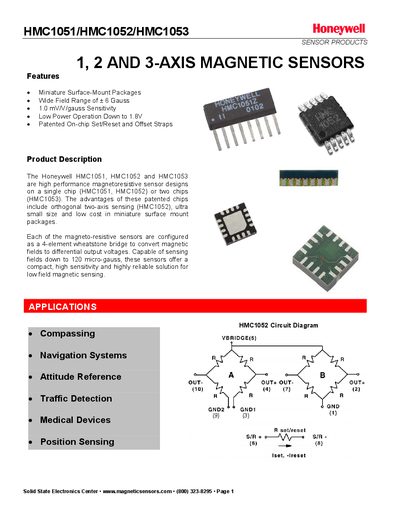 HONEYWELL HMC1051/HMC1052/HMC1053 SENSOR PRODUCTS 1 2 AND 3-AXIS MAGNETIC SENSORS - cover page