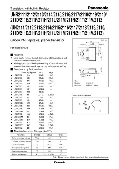 Panasonic UNR2111 Datasheet - cover page