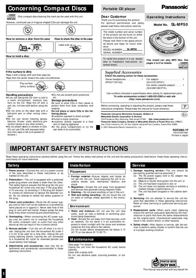 Panasonic SL-MP50 Portable CD Player Operating Instructions - cover page