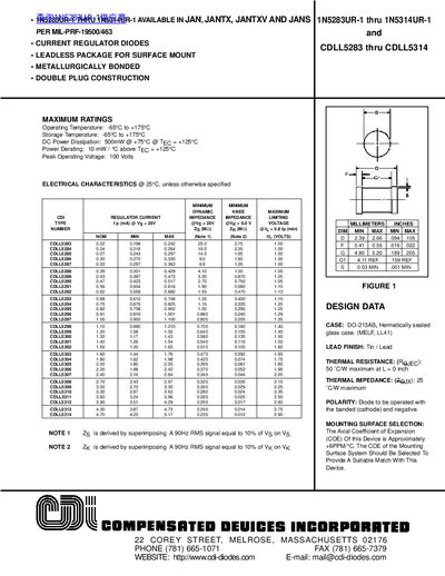 CDI 1N5283UR-1 to 1N5314UR-1 & CDLL5283 to CDLL5314 Current Regulator Diodes Datasheet - cover page