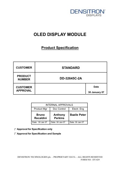 Densitron DD-32645C-2A OLED Display Module Datasheet - cover page