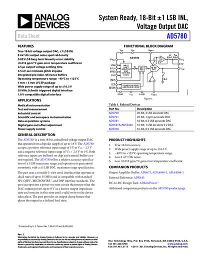 Analog Devices AD5780 18‑bit Voltage Output DAC Datasheet - cover page