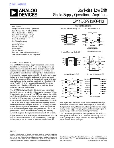 Analog Devices OP113/OP213/OP413 Operational Amplifier Datasheet - cover page