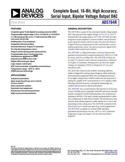 Analog Devices AD5764R Quad 16‑Bit DAC Datasheet - cover page