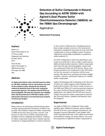Agilent G6603A DP SCD on 7890A GC Application Note for ASTM D5504 - cover page