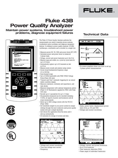 FLUKE 43B POWER QUALITY ANALYZER HOLD RUN PRINT ENTER F1 F2 F3 RECORD MENU SAVE 1 2 The Fluke 43 Manual - cover page