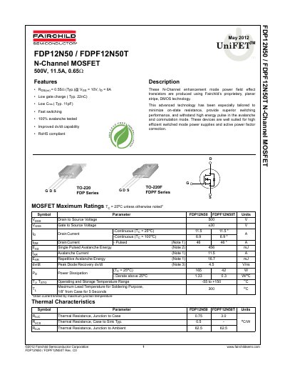 Fairchild FDP12N50/FDPF12N50T N-Channel MOSFET Datasheet - cover page