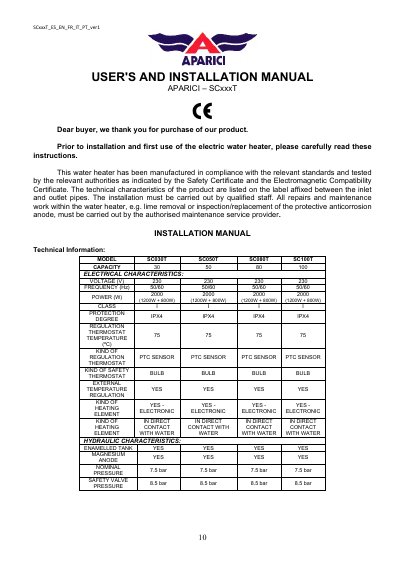 APARICI SCxxxT Series Electric Water Heater User and Installation Manual - cover page