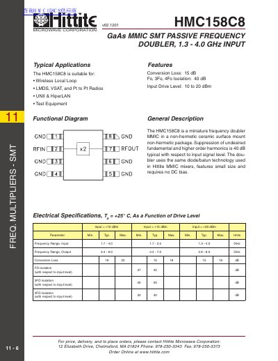 Hittite Microwave HMC158C8 Frequency Doubler Datasheet - cover page