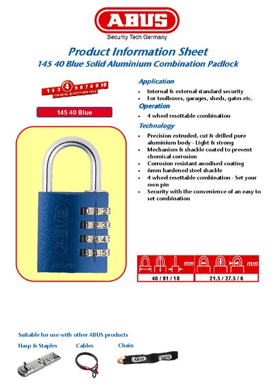 ABUS 145 40 Blue Solid Aluminium Combination Padlock Product Information Sheet - cover page