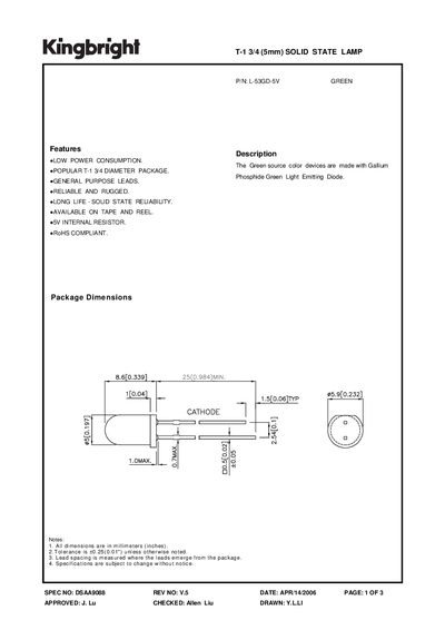 Kingbright T-1 3/4 (5mm) Solid State Lamp Datasheet - cover page