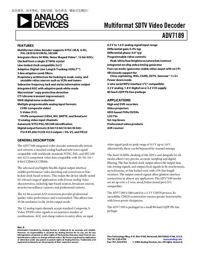 Analog Devices ADV7189 Datasheet - cover page