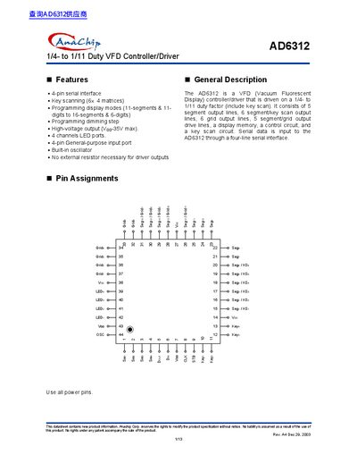 Anachip AD6312 1/4- to 1/11 Duty VFD Controller/Driver Datasheet - cover page