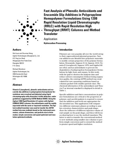 Agilent Fast Analysis of Tocopherol Phenolic Antioxidants Erucamide Slip Additives in Polypropylene Homopolymer Formulations Using 1200 Rapid Resolution Liquid Chromatography (RRLC) with Rapid R - cover page