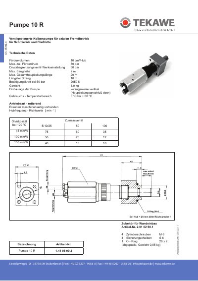 TEKAWE Pumpe 10 R Technology Data Sheet - cover page