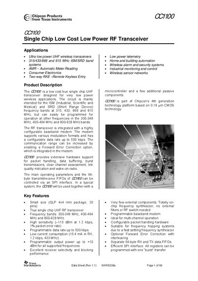 Texas Instruments CC1100 Datasheet - cover page