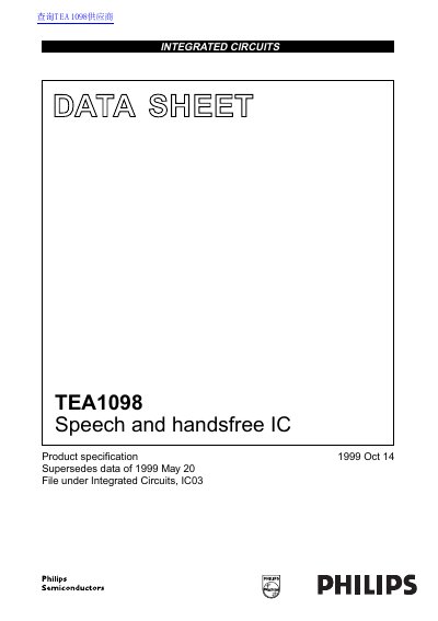 Philips TEA1098 Speech and Handsfree IC Datasheet - cover page