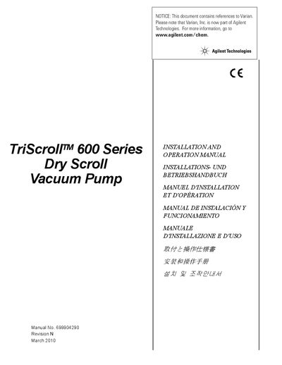 Agilent TriScroll 600 Series Dry Scroll Vacuum Pump Installation and Operation Manual
