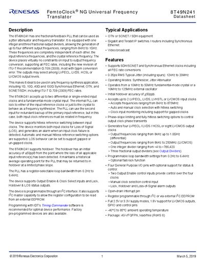 Integrated Device Technology 8T49N241 FemtoClock NG Universal Frequency Translator Datasheet - cover page
