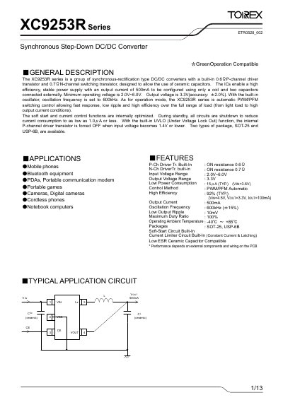 Torex XC9253R Series Synchronous Step-Down DC/DC Converter Datasheet - cover page