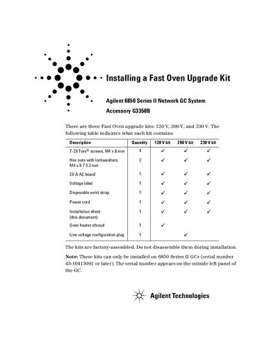 Agilent 6850 Series II Fast Oven Upgrade Kit Installation Guide - cover page