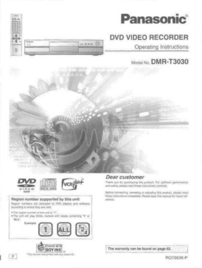 Panasonic DMR-T3030 DVD Video Recorder Operating Instructions - cover page