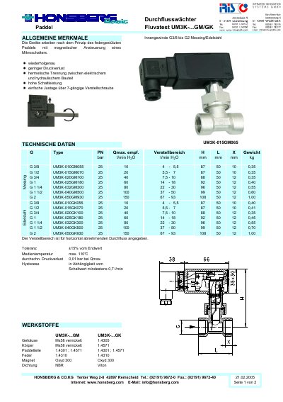 Honsberg UM3K-...GM/GK Flow Switch Datasheet - cover page