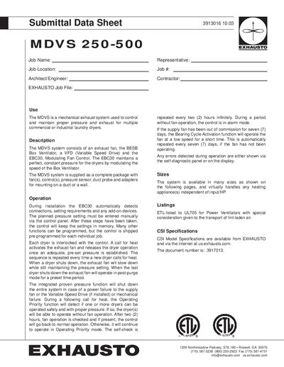 Exhausto MDVS 250-500 Submittal Data Sheet - cover page