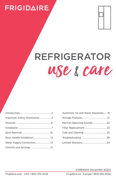 Frigidaire A19894604 Refrigerator User Manual - cover page