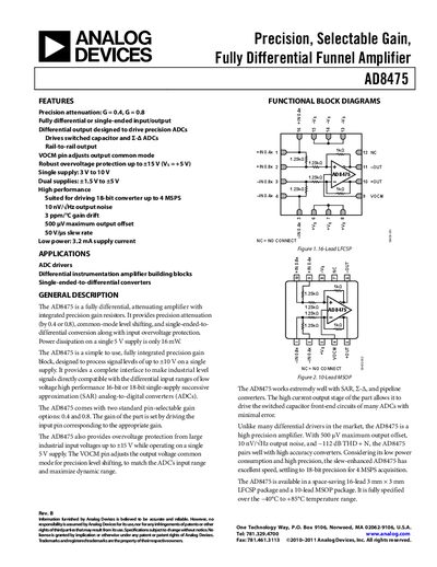 Analog Devices AD8475 Funnel Amplifier Datasheet - cover page
