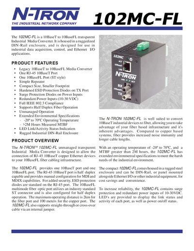 N-TRON 102MC-FL Industrial Media Converter Product Overview - cover page