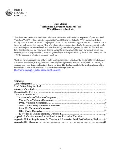 World Resources Institute Tourism and Recreation Valuation Tool User Manual - cover page