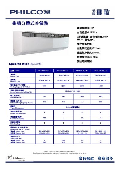 PSM09CRJ-A2 / PSM12CRJ-A2 / PSM18CRJ-A2 / PSM24CRJ-A2 Wall-Mounted Split Air Conditioner Product Specifications - cover page