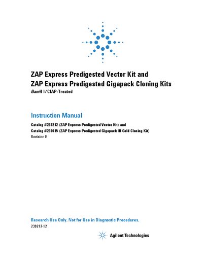 Agilent Technologies ZAP Express Predigested Vector Kit Instruction Manual - cover page
