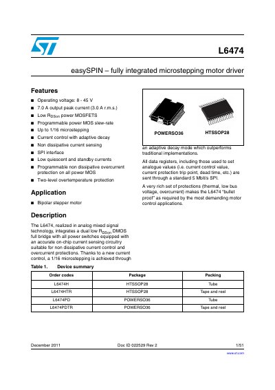 STMicroelectronics L6474 easySPIN Microstepping Motor Driver Datasheet