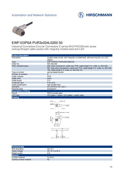 Hirschmann EWF123PSA PUR3x034L0200 50 Data Sheet