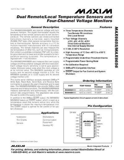 Maxim MAX6655/MAX6656 Dual Remote/Local Temperature Sensor and Voltage Monitor Datasheet - cover page