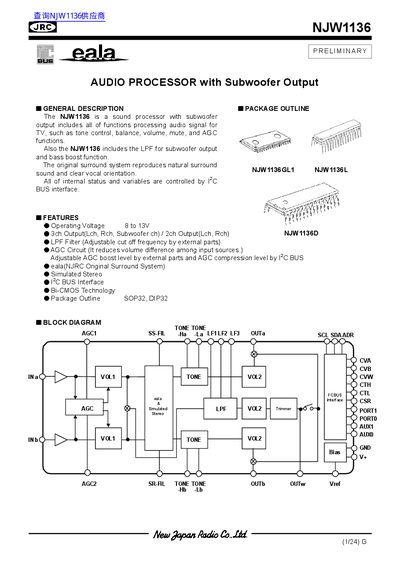 JRC NJW1136 Audio Processor Datasheet - cover page
