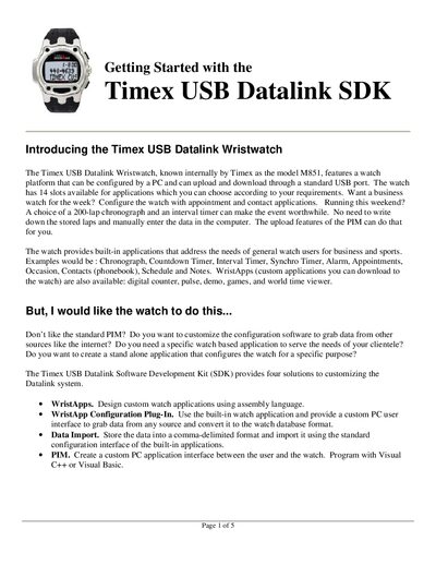 Timex M851 USB Datalink Wristwatch SDK Getting Started Guide - cover page