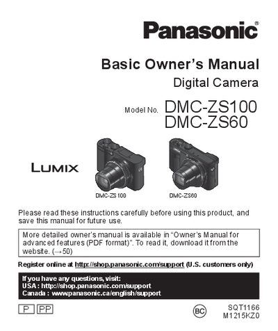 Panasonic DMC-ZS100/DMC-ZS60 Digital Camera Owner's Manual - cover page