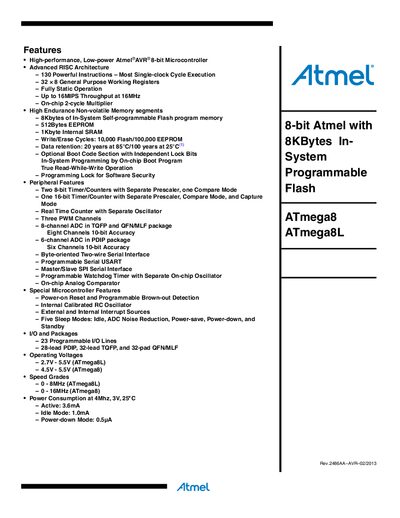 Atmel ATmega8(L) 8-bit Microcontroller Datasheet - cover page