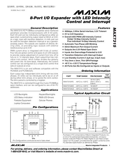Maxim MAX7315 8-Port I/O Expander Datasheet - cover page