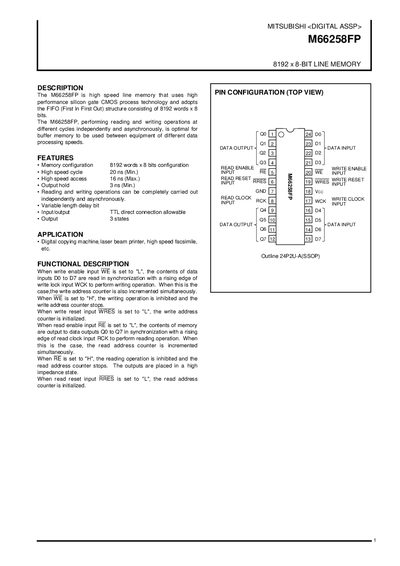 Mitsubishi M66258FP 8192 x 8-Bit Line Memory Datasheet - cover page