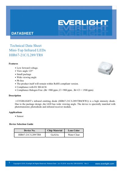 Everlight Mini-Top Infrared LEDs HIR67-21C/L289/TR8 Technical Data Sheet - cover page