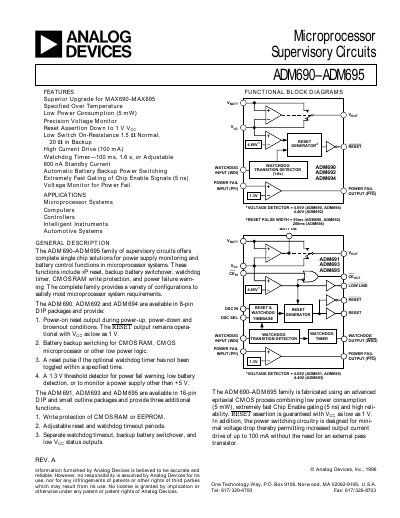 Analog Devices ADM690-ADM695 Supervisory Circuits Datasheet - cover page