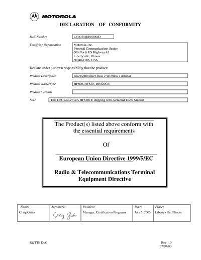 MOTOROLA LV002/04/HF800/D Data Sheet - cover page