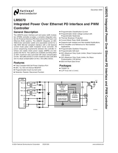 National Semiconductor LM5070 Integrated Power over Ethernet PD Interface and PWM Controller Datasheet