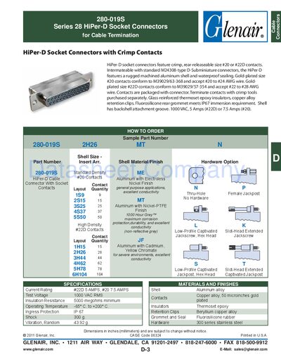 Glenair D280-019S Series 28 HiPer-D Socket Connectors Datasheet - cover page